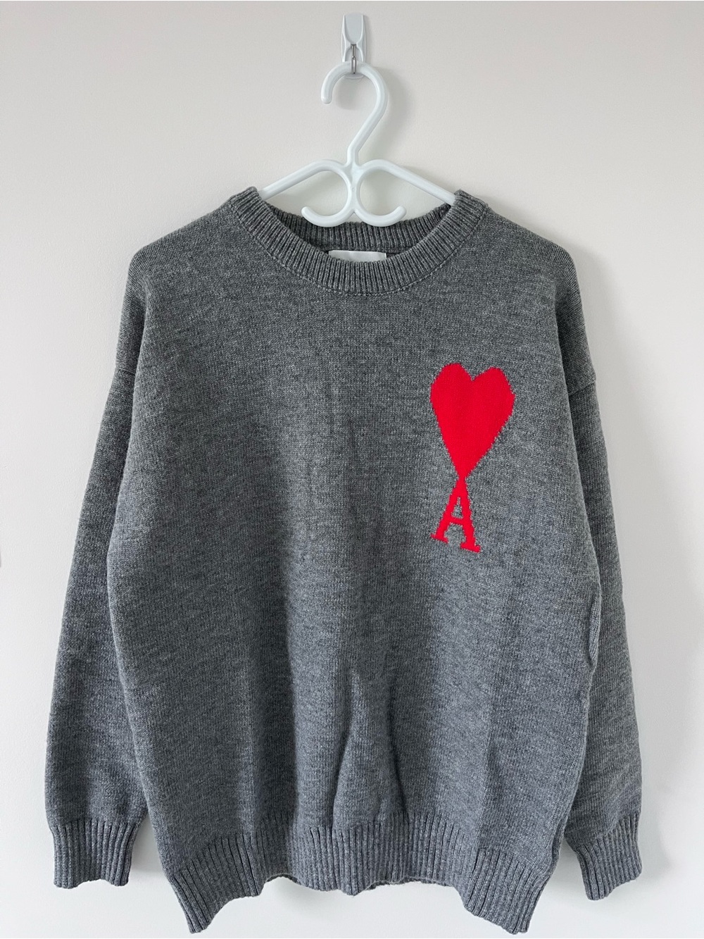 Ami Grey Crewneck Sweater with Red Heart